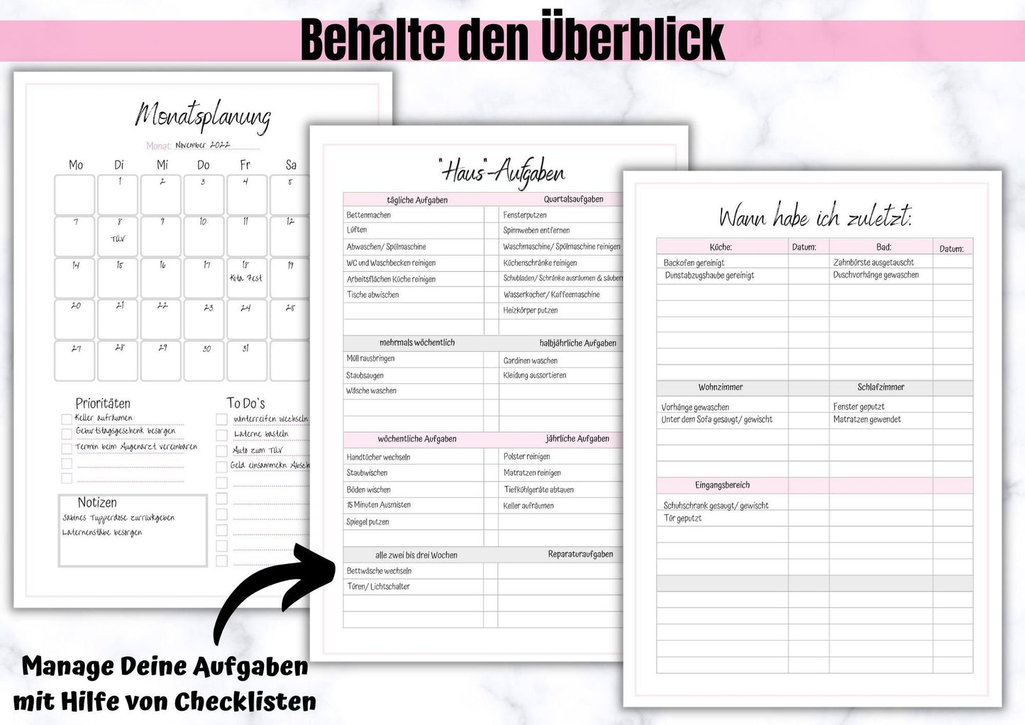 Haushalts- Checklisten, Monatsübersicht, Challenges zum Ausmisten und Putzen