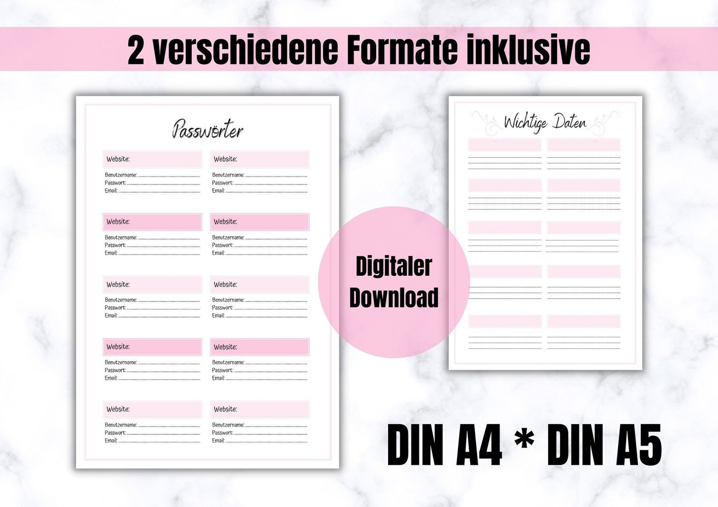 Wohlfühl- Checkliste, Passwort Manager, Geschenk-Checkliste, Haushalts- Manager, wichtige Daten
