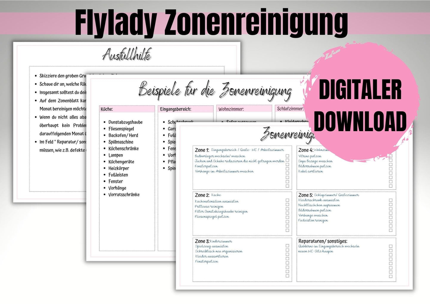 Flylady Checklisten, Zonenplan, Monatsübersicht, Hausaufgaben, Ausfüll- Muster, Einführung in die Zonenreinigung, insgesamt 11 Seiten