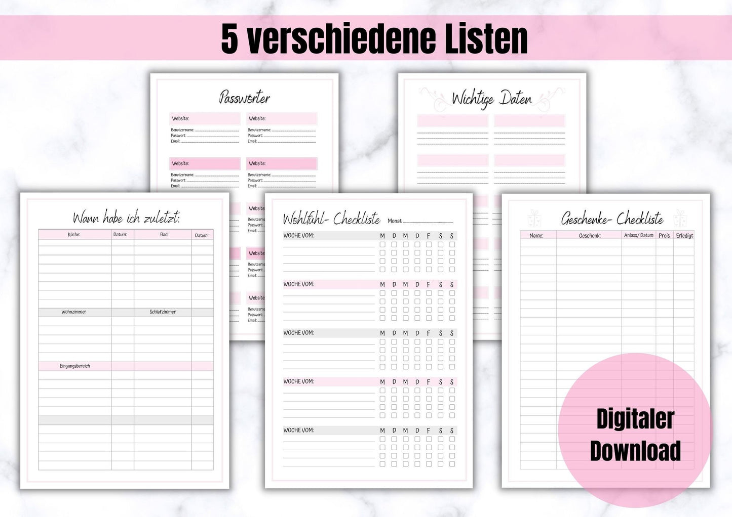 Wohlfühl- Checkliste, Passwort Manager, Geschenk-Checkliste, Haushalts- Manager, wichtige Daten