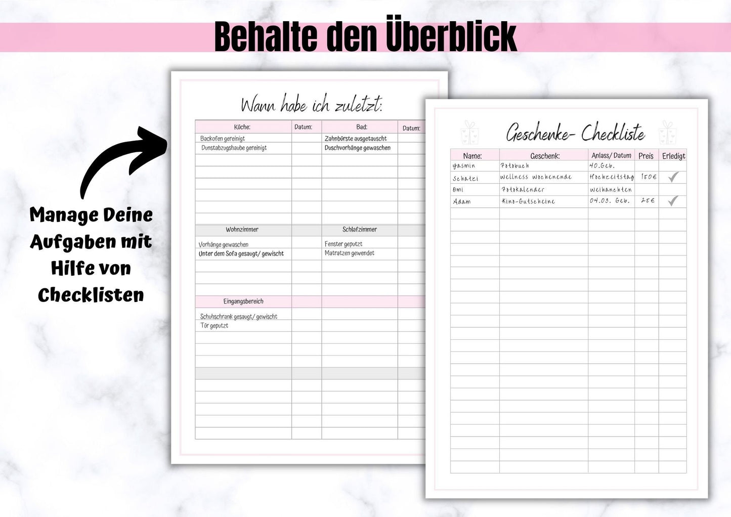 Wohlfühl- Checkliste, Passwort Manager, Geschenk-Checkliste, Haushalts- Manager, wichtige Daten