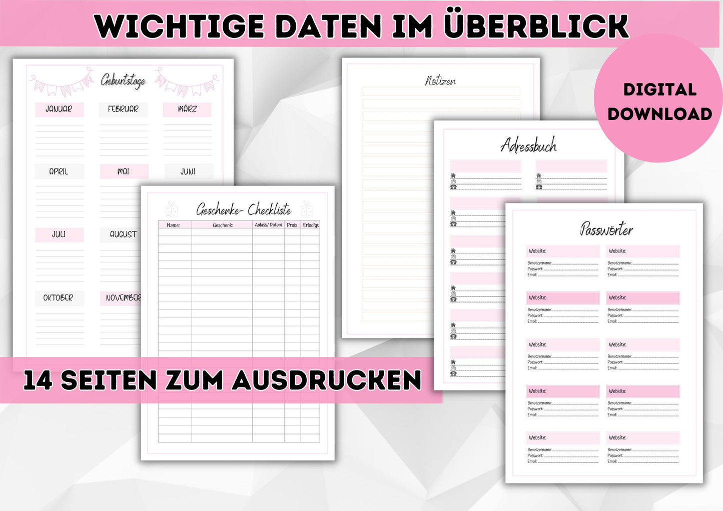 Kalender mit div. Übersichten zur Organisation von Haushalt und Leben. Immerwährend mit Übersicht für 2024/25 zum herunterladen und drucken