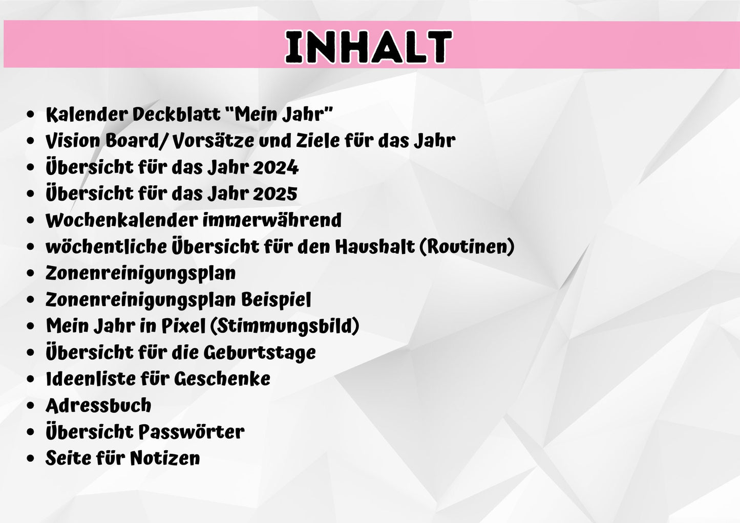 Kalender mit div. Übersichten zur Organisation von Haushalt und Leben. Immerwährend mit Übersicht für 2024/25 zum herunterladen und drucken